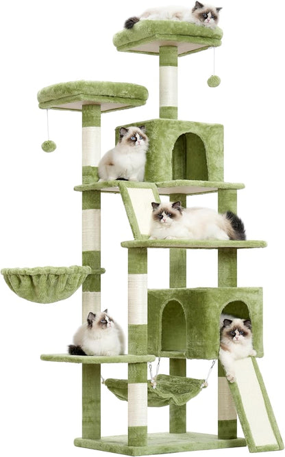 Gitelsnour Cat Tree for Indoor Cats, 71'' (180cm) Multi-Level Cat Tower for Large Adult, Sturdy Cat Tree House with 2 Scratching Boards 7 Posts, 2 Plush Perches/Condos, Hammock, Green GCT032GR