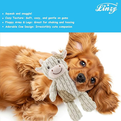 Linzy Plush Cow Dog Toy, Soft Squeaky Chew Toy for Small Medium Large Dogs, White and Tan, Interactive Pet Toy, 12 Inch