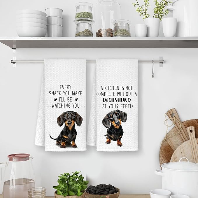 Funny Dachshund Kitchen Towels, Gifts for Dachshund Lovers Women Dish Tea Towels, Dog Mom Dad Lovers Owner Gifts Wiener Dog Gift for Women, Wiener Dogs Gifts Tea Towel, 16x24 Inch Set of 2
