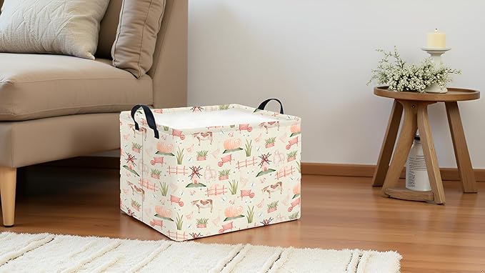 CLOCOR Rectangular Storage Basket,Collapsible Cute Pattern Storage Bin,Waterproof Books Box with Handles,Gift Basket(Farm)