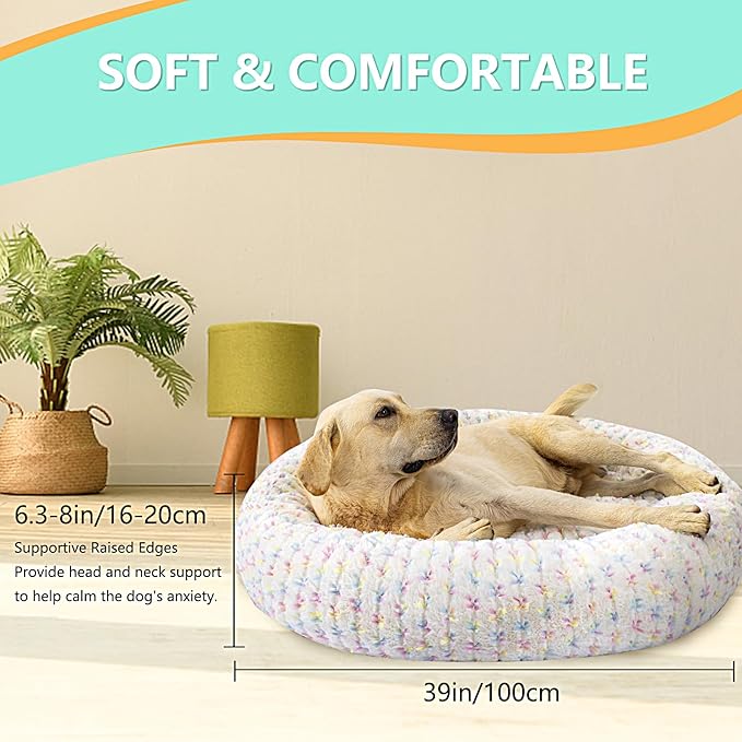 39 Inch Calming Dog Bed for Large Dogs, Round Anti-Anxiety Warm Bed, Soft Cozy Anti-Slip Donut Washable Pet Bed, Fits up to 100 lbs Pets