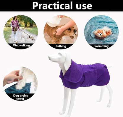 Geyecete Dog Drying Coat - Fast Drying Dog Bathrobe Towel - Microfibre Super Absorbent Pet Cat Bath Robe, Luxuriously Soft Purple XL