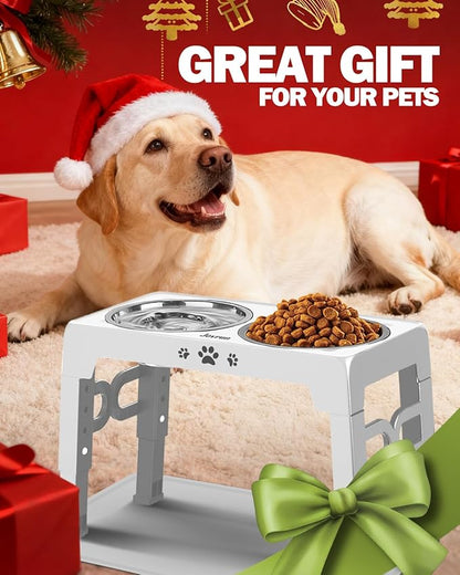 Elevated Dog Bowls with Mat, Non-Slip Dog Feeder with 1*Stainless Steel Dishes & 1*Slow Feeder Bowl, 5 Heights Adjustable Raised Bowls for 3.15″-8.66″-9.84″-11.02″-12.2″