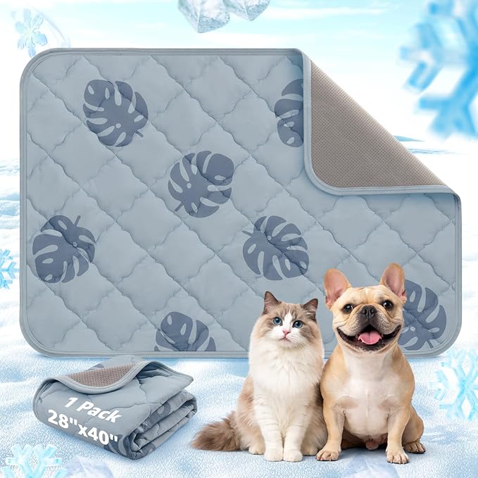 LOOBANI Dog Cooling Mat for Small Dogs Cats - 40"x28" Pet Cooling Mat with Anti-Slip Bottom, Waterproof Self-Cooling Dog Pad for Crate, Floor & Car, Grey Monstera (Grey, 40"x28")
