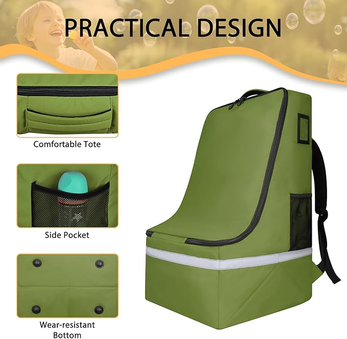 LARIPOP Car Seat Travel Bag for Airplane Gate Check Approved, Padded Backpack with Adjustable Straps, Reflective Strips & Protective Feet for Infant Convertible Booster Seats, Green