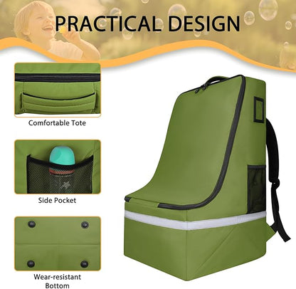 LARIPOP Car Seat Travel Bag for Airplane Gate Check Approved, Padded Backpack with Adjustable Straps, Reflective Strips & Protective Feet for Infant Convertible Booster Seats, Green