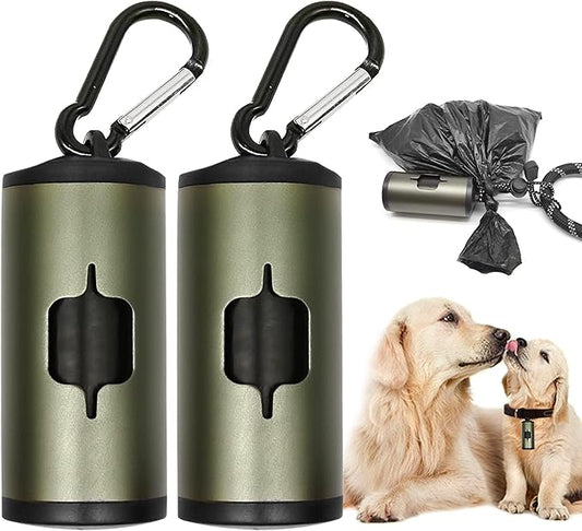 Aluminum Dog Poop Bags Holder with Carabiner Metal Pet Waste Bags Dispenser with Hook and Loop Fastener and Elastic Cord to Carry Used Bags (Olive Green)
