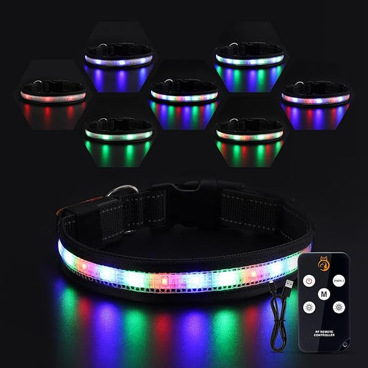 Light Up Dog Collar, USB Rechargeable, Waterproof LED Dog Collar with Remote Control, Adjustable Night Safety Pet LED Collar, Suitable for Small, Medium, and Large Dogs (L)