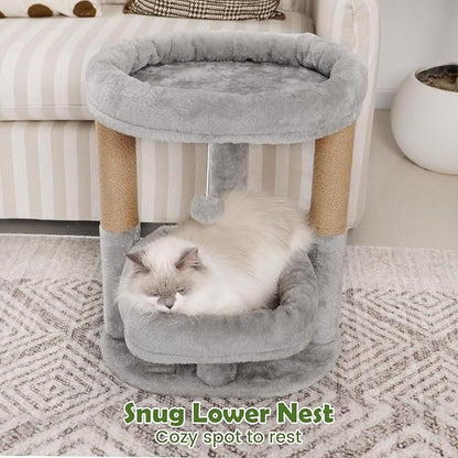 Cat Tree for Indoor Cats, 2-Tier Cat Tower with Padded Donut Beds, Stable Structure, Sisal Scratching Posts & Hanging Ball Toy, Modern Cat Furniture (Light Grey)