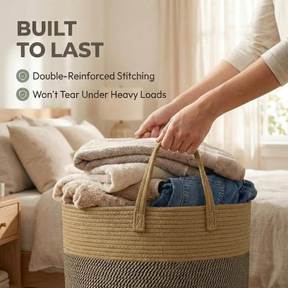65L Extra Large Blanket Basket for Living Room - Woven Cotton Rope Laundry Hamper with Reinforced Handles - Storage Bin for Pillows, Comforters & Toys - Machine Washable,Jute&Black