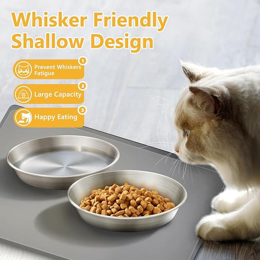 2-Pack Stainless Steel Cat Food Bowls, Shallow Whisker-Friendly Non-Slip Silicone Base Metal Dishes, Easy to Clean Indoor Water Flat Plates for Cat, Kitten, Small Dog (5.9")