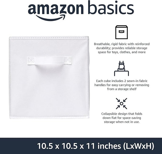 Amazon Basics Collapsible Fabric Storage Cubes Organizer with Handles, Sturdy Storage Bins, White, 10.5-x-10.5-x-11-inch, 6-Pack
