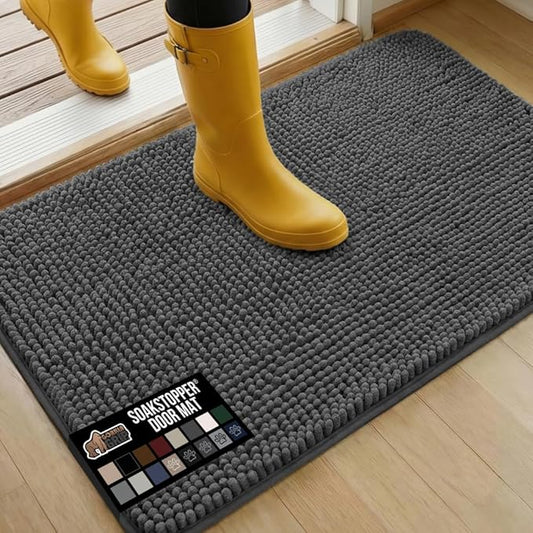 GORILLA GRIP SoakSTOPPER Dog Door Mat, 36x24 Machine Washable Rug Absorbent Doormat Captures Moisture Mud Dirt, Quick Dry Soft Chenille Entryway Rugs Indoor Entrance Mats for Dog Paws, Charcoal