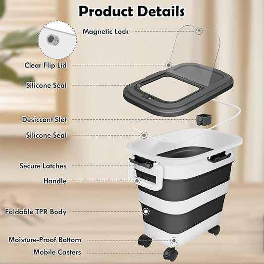25Lbs Dog Food Storage Container, Large Collapsible Pet Cat Food Container with Airtight Lids Wheels Handle Scoop Measuring Cup Small Container, Rice Kitchen Dry Food Storage Dispenser Bin (Black)