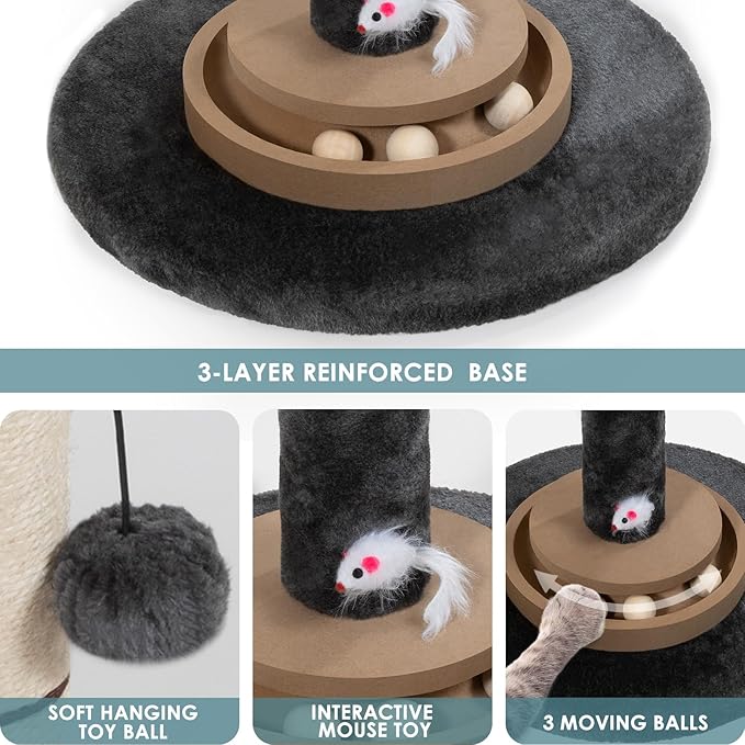35 Inch Cat Scratching Post, Eucalyptus Sisal Rope Cat Tree Tower with Hanging Ball & Interactive Mouse Toy, Durable Scratcher for Indoor Adult Cats