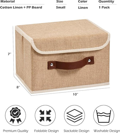 Storage Boxes with Lid Cotton Linen Fabric Storage Bins Organizer Container Decorative Collapsible Washable Shelf Baskets Faux Leather Handles for Home Bedroom Closet (Linen, Small)