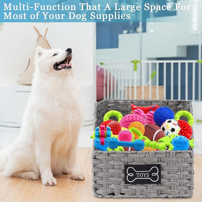Dog Toy Basket Large Foldable Portable Rattan Dog Toy Storage Organizer for Living Room Bedroom Entryway Floor Corner Pet Toys Basket with Label, Dogs Toys Bin for Cats, Dogs and Pets-Grey