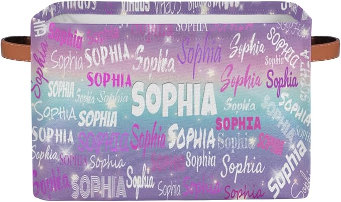 Personalized Name Storage Basket with Handles, Canvas Storage Bins Toys Clothes Organizer for Bedroom, Kitchen, Bathroom, Nursery, Shelves, Closets, Purple Blue Galaxy with Stars