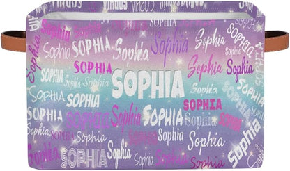 Personalized Name Storage Basket with Handles, Canvas Storage Bins Toys Clothes Organizer for Bedroom, Kitchen, Bathroom, Nursery, Shelves, Closets, Purple Blue Galaxy with Stars