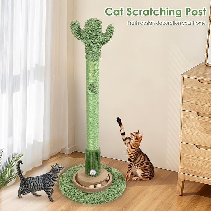 41.5" Cactus Cat Scratching Post, Heavy Duty Sisal Scratcher with Interactive Ball & Grooming Brush, Stable Anti-Tip Cat Tree for Indoor Cats & Large Cats