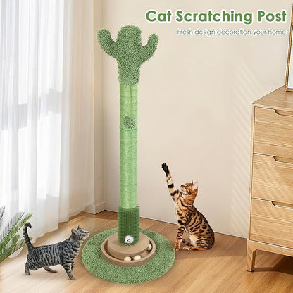 41.5" Cactus Cat Scratching Post, Heavy Duty Sisal Scratcher with Interactive Ball & Grooming Brush, Stable Anti-Tip Cat Tree for Indoor Cats & Large Cats