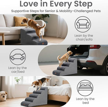 GoGoBunny Ramp Dog Stairs for High Beds 24.4" H, 5-Step Extra Wide Dog Slope Stairs with Durable Waterproof Fabric Cover, Pet Steps for Old Large Dogs Climbing, Non-Slip Sturdy Indoor Step, Grey