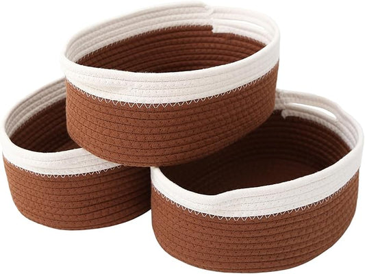 Woven Basket,Small Rope Storage Bin with Handles & Ribbon Bag, Organizer for Shelves Closets,Gift Basket Empty for Birthday,Books,Dog Toys, White&Brown/3 Pack