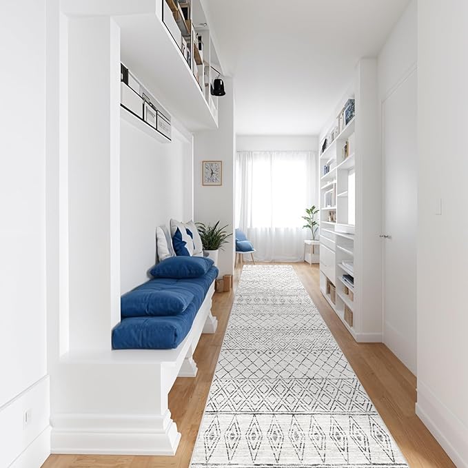 2'6"x12' Hallway Runner Rug Washable - Moroccan Non Slip Bedroom Rugs with Rubber Backing Soft Long Floor Mat Low Pile Farmhouse Carpet for Front Door Entryway 2'6"x12' Geo Grey
