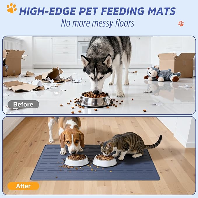 Large Dog Mats for Food and Water, 40"x30" Waterproof Pet Food Mats for Floor Nonslip Silicone Bowl Mats with Raised Edges