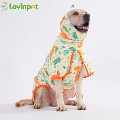 LovinPet 3‑in‑1 Dog Warm Winter Coat & Bathrobe, Hooded Dinosaur Fleece, Lightweight High‑Loft, Absorbent Knit, Quiet Hook‑and‑Loop, Wind‑Blocking Edges, Dog Robes for Medium & Large Dogs, Orange,M