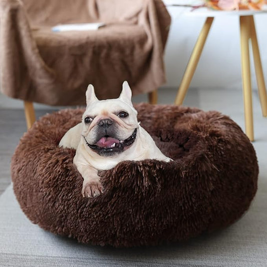 Calming Donut Dogs Beds for Small Dogs Washable,23inch Plush Round Pet Bed for Cozy Sleep,Fluffy Faux Fur Large Cat Bed,Fits up to 25 lbs Pets,Chocolate Brown
