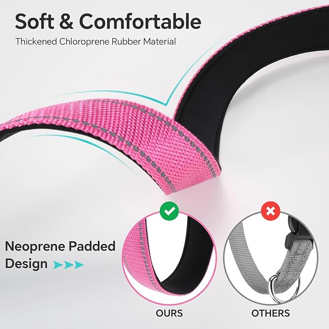 Reflective Dog Collar with Quick Release Buckle - Metal Ring - Adjustable Soft Neoprene Padded Basic Dog Collar for Small Medium Large Dogs (Hotpink, Large :Width 1",Neck 15.7-23.6")