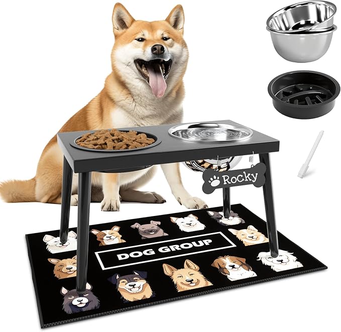 Metal Raised Dog Bowl Stand for Large and Medium Dogs, Elevated Dog Bowls with Sprill Proof Mat ＆ Slow Feeder, Pet Food Bowls 10" Tall Dogs Feeder (58OZ-Stainless Steel Pet Bowl, Mat-16x24in)