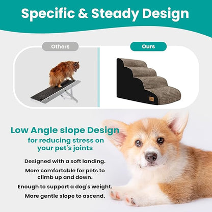 Dog Stairs Ramp for Small Dogs, 4 Step Dog Steps for Bed, 20.5'' H Curved Foam Pet Steps with Durable Non-Slip Waterproof Fabric Cover, Pet Stairs for Pets Joints, Brown