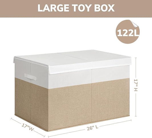 INDRESSME 26"x17"x17" Large Toy Box, Toy Storage Organizer Collapsible Storage Bins with Lids Toy Chest for Nursery, Playroom, Living Room, Toy Baskets Storage Kids, Boys Girls (Beige & White)