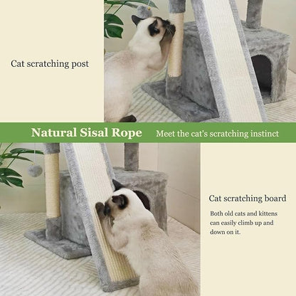 Small Cat Tree for Indoor Cats，Cat Tower with Scratching Post and Board，Cat House with Perch for Kitten, Stable Condo and Stand (Light Grey)