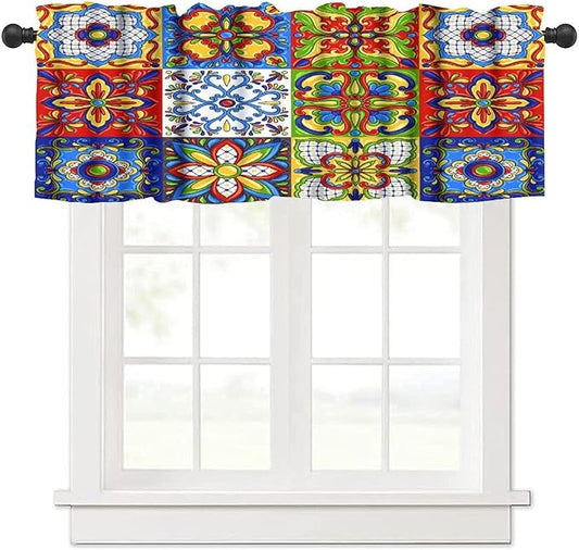 Mexico Valance Curtains Mexican Talavera Ceramic Colorful Tile Patchwork Pattern Window Treatment Valances Short Curtains Rod Pocket Drape for Dining Room Home Kitchen Decor, 54x18inch