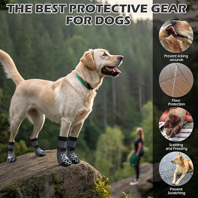 EXPAWLORER Dog Socks for Prevent Licking Paws,Winter Boots & Paw Protectors, Non Slip Doggie Grippy Booties for Hardwood Floors, Shoes for Small Medium Large Senior Dogs Twists Grey M