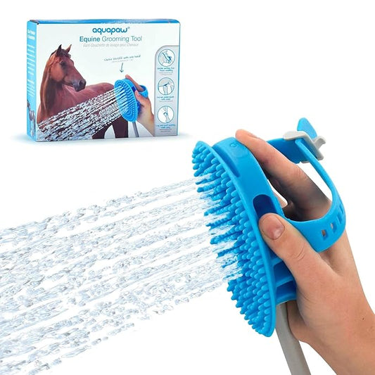 Aquapaw 5-in-1 Horse & Dog Bath Brush & Curry Comb - XL Blue Silicone - Includes 3-ft Shower Hose Attachment & Adapter - Adjustable Spray Scrub Massager - Great for Horses & Big Dogs