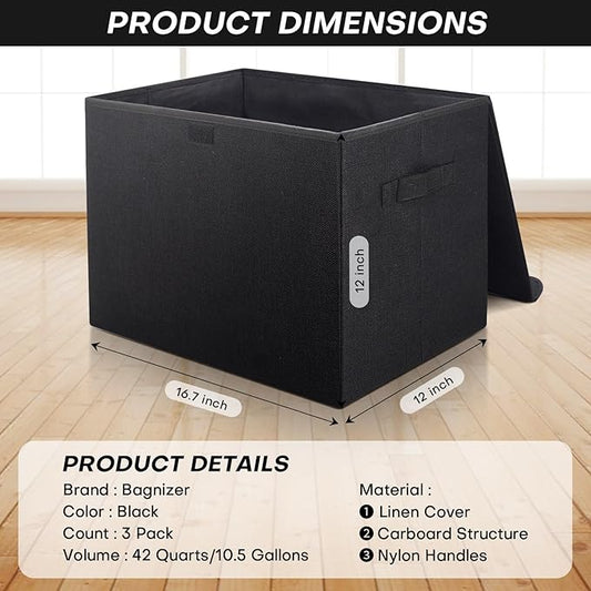 Large 17" 42 Quarts Collapsible Stackable Storage Bins with Lids [3-Pack] Foldable Fabric Linen Storage Boxes Cube, Closet Organizer Baskets with Label (16.7 x 12 x 12, Black)