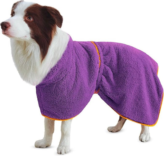 Bienbee Soft Dog Bathrobe，Super Absorbent & Quick-Drying Dog Robe with Hood, Cozy Drying Coat for After Bath, Purple XL