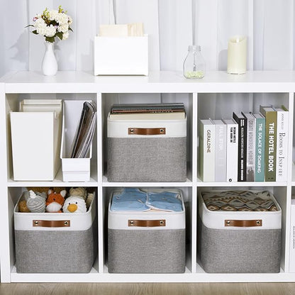 DULLEMELO Fabric Baskets for Storage, Office, Home,Nursery,Organizing Baskets for Shelves, Bedroom, Toys,Gift,Fabric Storage Basket with Handles(White&Grey,15"x11"x9.5",4-Pack)