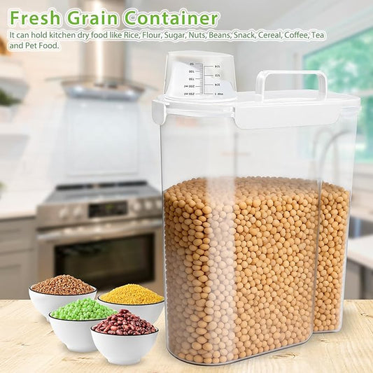 Rice Storage Container, 10 to 20lb Dry Food Airtight Dispenser, Pet Dog Cat Food Canister, BPA Free Clear Plastic Kitchen and Pantry Organization Bin for Oatmeal, Cereal, Pasta, Flour White