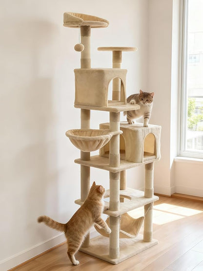 Cat Tree, 68-Inch Cat Tower for Indoor Cats, Plush Multi-Level Cat Condo with 7 Scratching Posts, 2 Perches, 2 Caves, Hammock (Beige)