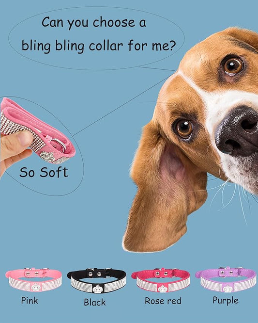 Bling Dog Collar for Small Medium Large Dogs, Crown Rhinestone Dog Collars for Girl and boy Dog, Diamond Puppy Collars, Adjustable Leather Suede SOFE Cat Collar (L(15"-18.1"/38CM-46CM), Pink)
