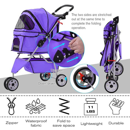 HCY Folding Dog Stroller, 3 Wheels Cat Strollers Pet Gear for Small Medium Cats Dogs Puppy with Storage Basket, Cup Holder,Lightweight-Purple, 35.04inchx17.32inchx38.58inch