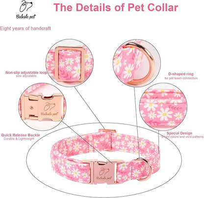 Dainty Daisy Dog Collar, Spring/Summer Pink Floral Girl Dog Collars, Adjustable Heavy Duty Cottagecore Female Dogs Collar for Small Medium Large Dogs with Metal Buckle XL