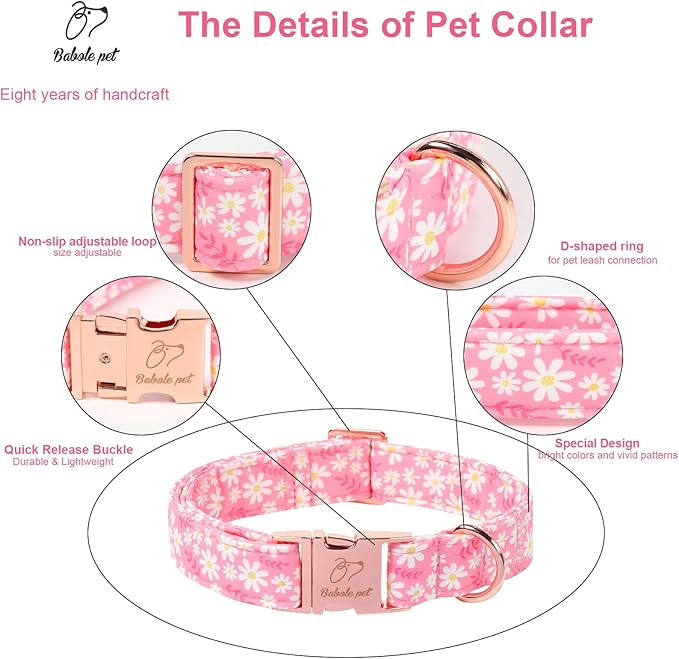 Dainty Daisy Dog Collar, Spring/Summer Pink Floral Girl Dog Collars, Adjustable Heavy Duty Cottagecore Female Dogs Collar for Small Medium Large Dogs with Metal Buckle L