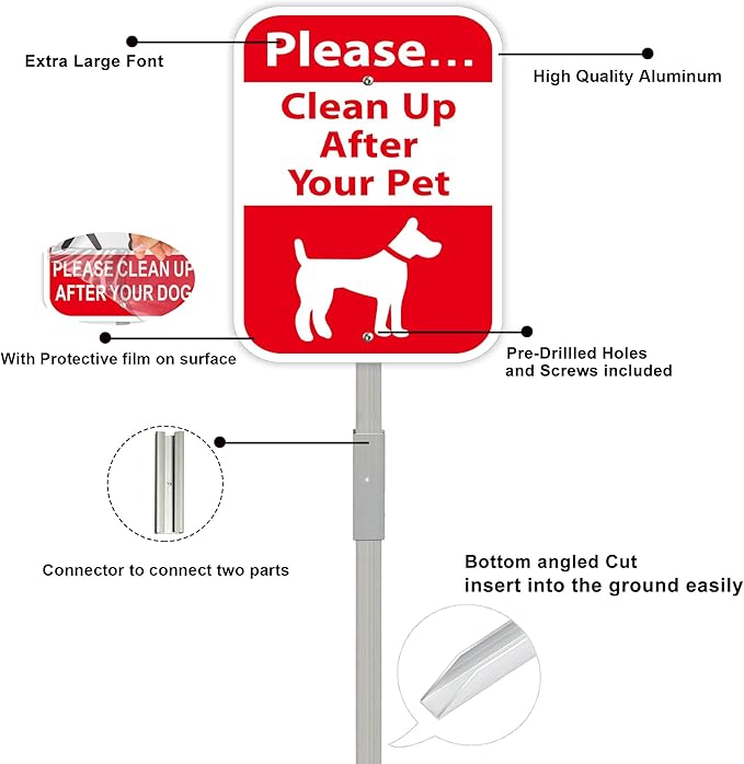 Please Clean Up After Your Pet Yard Sign with 28" Metal Stake, 12x8 inches No Pooping Dog Signs, Rustproof Aluminum,2Pack No Dog Waste Signs