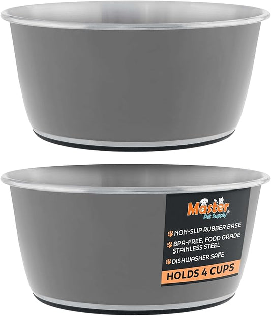 Master Pet Supply Stainless Steel Dog Bowls Set of 2 (32 Oz Each) with Non-Slip Rubber Base - Graphite - Basic Dog Food Bowl Water & Food Bowls for Small Medium Large Dogs & Cats, Metal Dish